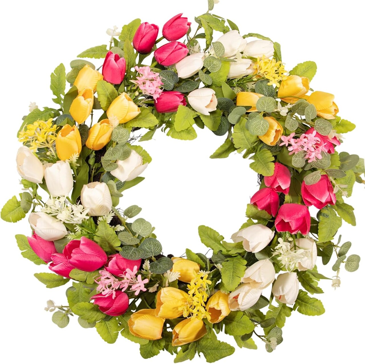 22-Inch Easter Tulip Wreath for Front Door – Pink, White & Yellow Spring Wreath with Eucalyptus for Indoor & Outdoor Porch, Wall, and Home Décor